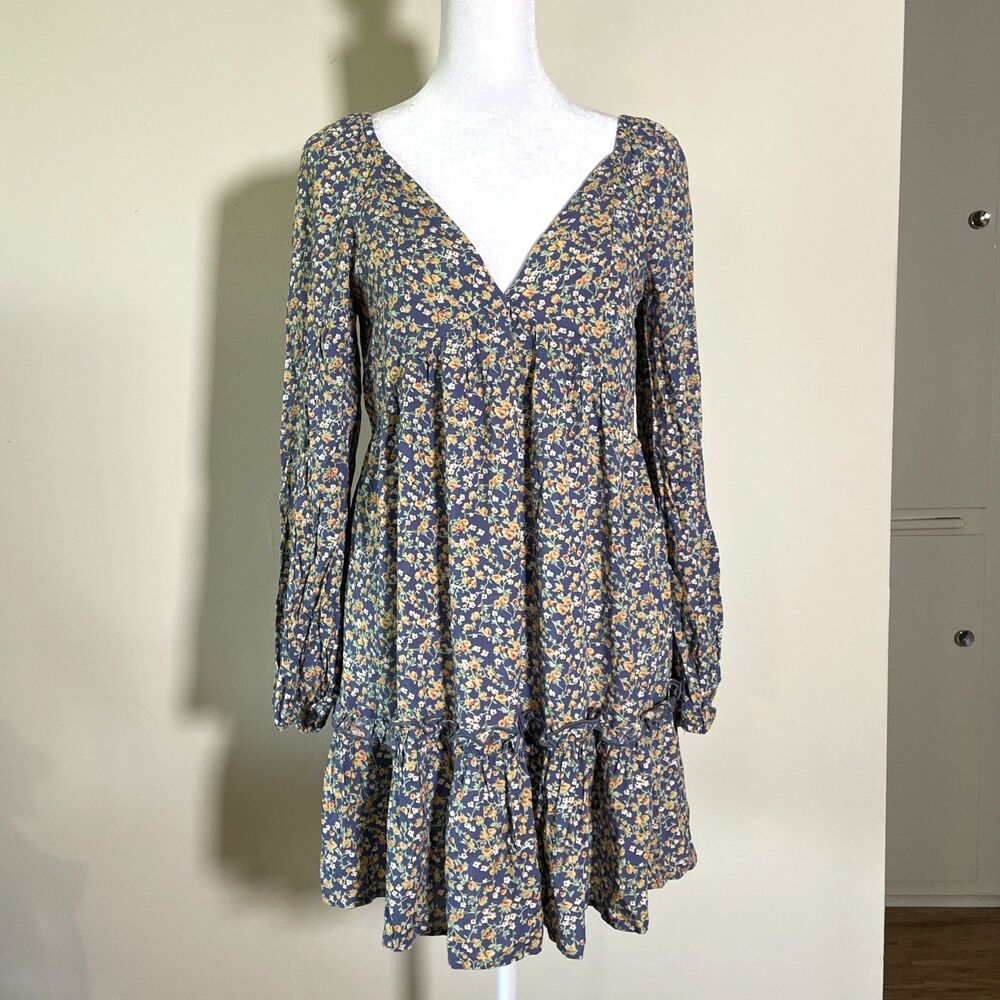 Sky & Sparrow Women's Peasant Shirt Dress Size Small Blue Floral Bohemian